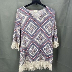 Umgee Dress Womens Medium Blue Paisley Tunic Fringe Crochet Boho Peasant